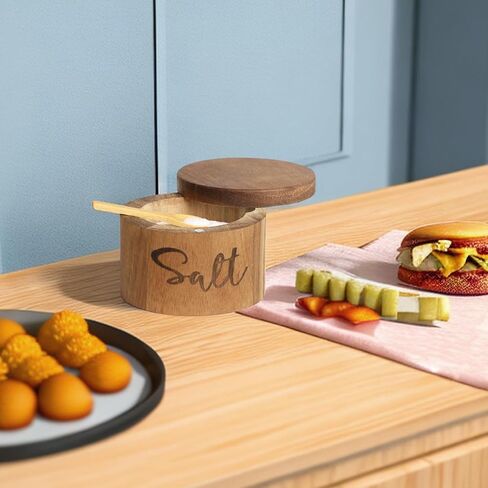 Acacia Wood Salt Spice Box with Swivel Cover for Kitchen Countertop,Salt Keeper with Built-in Spoon,Modern Farmhouse Kitchen Decoror for Storing Salt,Pepper, Herbs, Spices Or Seasonings, 1 Pack in Saudi Arabia