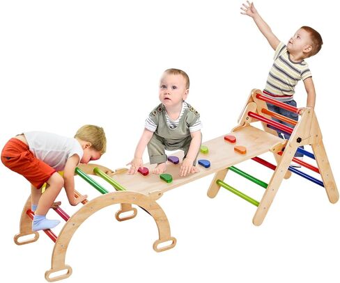 VEVOR Pikler Triangle Set Climber 4 in 1, Montessori Foldable Climbing Set, Large Size Toddler Climbing Toys Indoor with Triangle and Ramp for Kids (Wooden Color) in Saudi Arabia