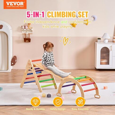 VEVOR Pikler Triangle Set Climber 4 in 1, Montessori Foldable Climbing Set, Large Size Toddler Climbing Toys Indoor with Triangle and Ramp for Kids (Wooden Color) in Saudi Arabia