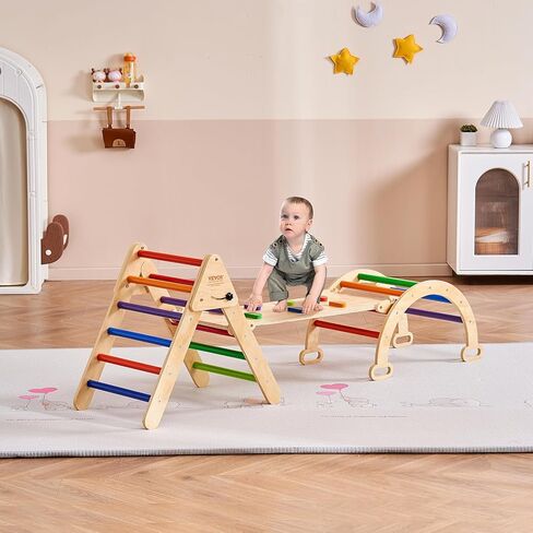 VEVOR Pikler Triangle Set Climber 4 in 1, Montessori Foldable Climbing Set, Large Size Toddler Climbing Toys Indoor with Triangle and Ramp for Kids (Wooden Color) in Saudi Arabia