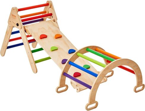 VEVOR Pikler Triangle Set Climber 4 in 1, Montessori Foldable Climbing Set, Large Size Toddler Climbing Toys Indoor with Triangle and Ramp for Kids (Wooden Color) in Saudi Arabia