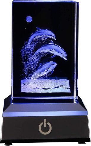 3D Dolphins Crystal Cube with Lamp Base Stand - K9 Crystal Decorative Ornament with LED Base, Night Light with 6 Colors, Decent Home Office Ornament in Saudi Arabia