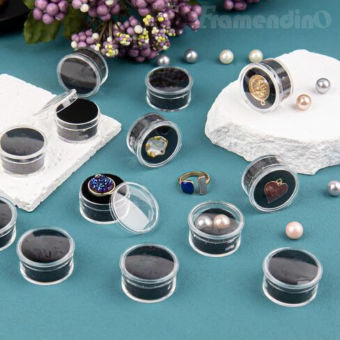 Framendino, 20 Pack Mini Round Stone Jewelry Box Diamond Gemstone Display Case with Lids Sponge Black White in Saudi Arabia
