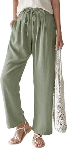 ebossy Women's Summer Drawstring Elastic Waist Cotton Linen Utility Beach Palazzo Pants Pockets (M, White) in Kuwait