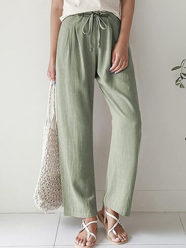 ebossy Women's Summer Drawstring Elastic Waist Cotton Linen Utility Beach Palazzo Pants Pockets (M, White) in Kuwait