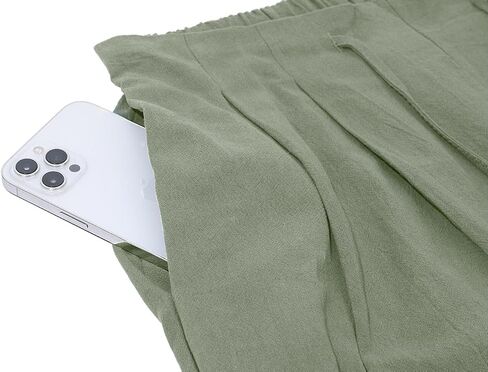 ebossy Women's Summer Drawstring Elastic Waist Cotton Linen Utility Beach Palazzo Pants Pockets (M, White) in Kuwait