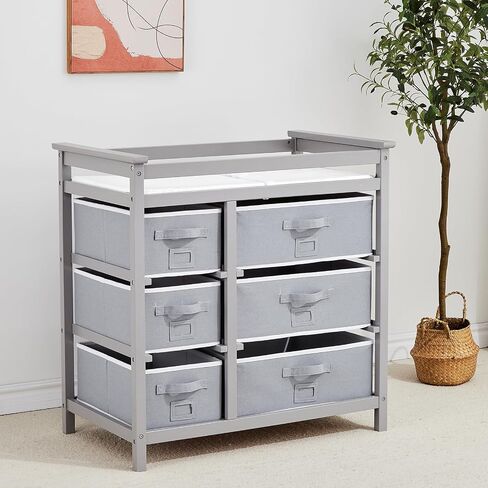 Wooden Diaper Changing Table, Modern Baby Changing Station Dresser with 6 Storage Drawers and Pad,Toddler Changing Diaper Table for Nursery Portable Changing Table for Baby Newborn Infant in Saudi Arabia