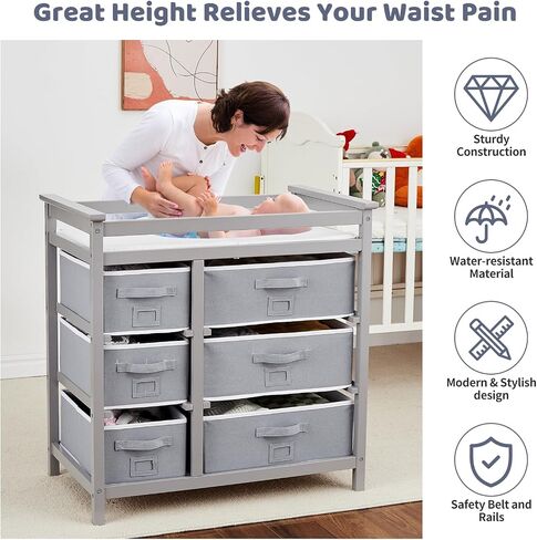 Wooden Diaper Changing Table, Modern Baby Changing Station Dresser with 6 Storage Drawers and Pad,Toddler Changing Diaper Table for Nursery Portable Changing Table for Baby Newborn Infant in Saudi Arabia