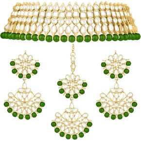Aheli Bollywood Style Faux Kundan Beaded Choker Necklace Dangle Earrings Maang Tikka Indian Jewellery Set for Women