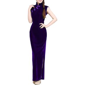 Women's Cheongsam Costume Side Slit Slim Fit Bamboo Leaf Patterned Mandarin Collar Cocktail Bodycon Qipao Dress Outfit
