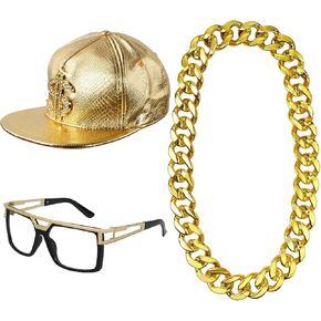 ONUPGO 80s/90s Hip Hop Costume Kit Rapper Accessories Bucket Hat Sunglasses Gold Chain Necklace Outfit for Men Women