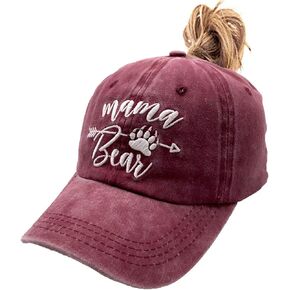 Mama Bear Ponytail Hat Embroidered Messy High Bun Distressed Baseball Cap