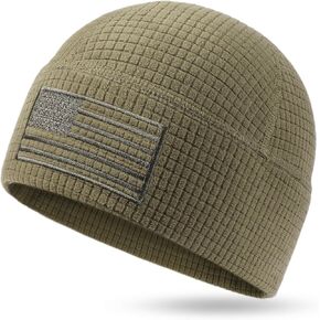 OUTDOOR SHAPING Grid Fleece Beanie with American Flag Embroidery Waffle Tactical Army Military Skull Cap Black