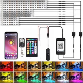 12PCS Motorcycle LED Underglow Kit, APP Control Motorcycle LED Light Kits, Motorcycle RGB LED Strip Lights with Music Sync & Multiple Scene Modes, 12V Waterproof Motorcycle Underglow Lights