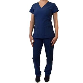Green Town Scrubs for Women Scrub Set - V-Neck Top and Straight Leg Pant, 5 Pockets, Easy Care, Solids and Prints Uniforms -Navy/Indigo-Medium Petite