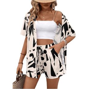 MakeMeChic Women's 2 Piece Summer Outfits Allover Print Button Front Short Sleeve Blouse Shirts and Shorts Sets
