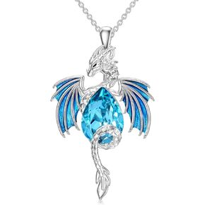Dragon Necklace for Men Sterling Silver Birthstone Wyvern Necklace Embllished with Teardrop Shaped Crystal Jewelry Gift for Women Girl