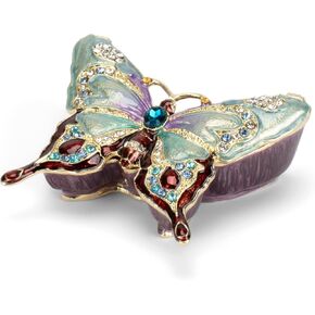 Cottage Garden Hand Painted Metal Enamel Hinged Trinket Box Ornamental Mini Jewelry Ring Earring Organizer Vintage Collectible Figurine Keepsake Box with Bejeweled Crystals, Yellow Butterfly