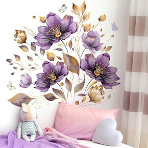 AM AMAONM Creative Removable Flowers Wall Decal DIY Floral with Plant Vine Wall Stickers 3D Peel and Stick Butterfly Wall Decor for Kids Little Girls Teens Bedroom Nursery Living Room Home (Purple)