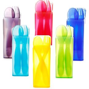 Youngever 6 Pack Plastic Toddler Utensils with Case, Plastic Kids Forks Kids Spoons, Large Size, Top Dishwasher Safe, Set of 6 in 6 Rainbow Colors
