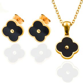 Bello Bee 2 Pcs Lucky Four-Leaf Clover Jewelry Set, Shine Gold-Plated Stainless Steel Necklace, Earrings Set Gift for Women, Stainless Steel, natural stone
