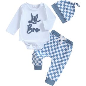 Ayalinggo Newborn Baby Boy Girl Clothes Lil Sis Lil Bro Embroidery Romper Checkerboard Pants and Hat Sibling Matching Outfit
