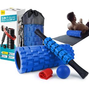 5 in 1 Foam Roller Set for Deep Tissue Muscle Massage, Trigger Point Fitness Exercise Foam Roller, Massage Roller, Massage Ball, Stretching Strap, for Whole Body (Blue)