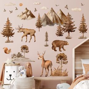Cartoon Large Forest Pine Tree and Animals Wall Decor Deer Bear Squirrels Bird Silhouette Sticker DIY Peel and Stick Cloud Mountain Wall Decal for Kids Baby Boys Bedroom Living Room Nursery (Black)