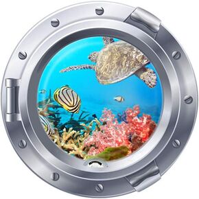 Woodland Arts 3D Undersea Sea Turtles Tropical Fish Porthole Submarine View Ocean 18 x 18 inch Removable Vinyl Peel and Stick Decorative Wall Decals Stickers for Children Kids Room Nursery