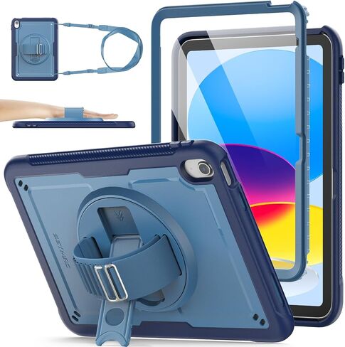 SEYMAC stock Case for iPad A16 11-inch 11th/10th Generation (2025/2022) | Protective Case with Screen Protector, 360° Rotating Stand, Pencil Holder, Loop Nylon Hand Strap, Shoulder Strap, Black in Kuwait