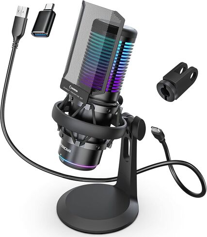 ميكروفون مكثف، ميكروفون USB مع حامل للصدمات، ميكروفون للألعاب مع كتم سريع، مؤشر RGB، للكمبيوتر الشخصي PS5، الألعاب، البث، البودكاست (أسود) in Kuwait