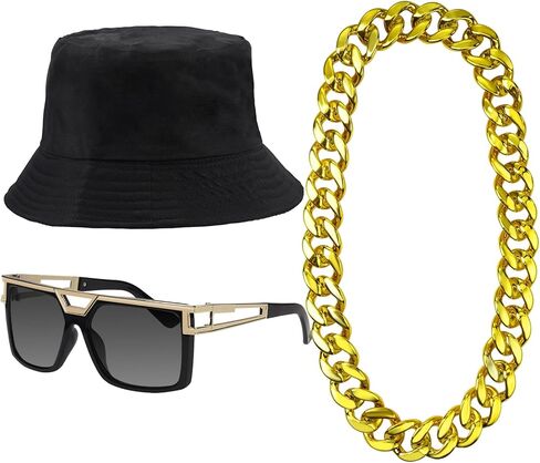 ONUPGO 80s/90s Hip Hop Costume Kit Rapper Accessories Bucket Hat Sunglasses Gold Chain Necklace Outfit for Men Women in Saudi Arabia