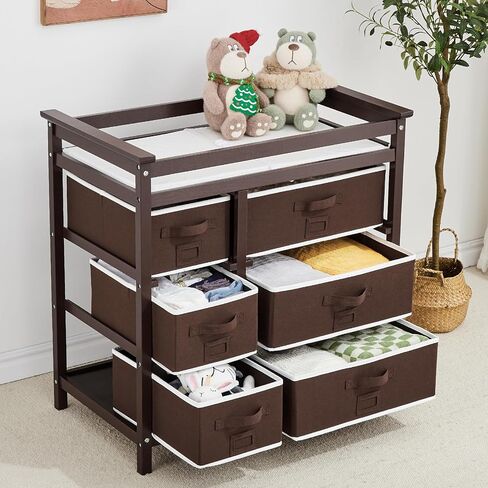 Wooden Diaper Changing Table, Modern Baby Changing Station Dresser with 6 Storage Drawers and Pad,Toddler Changing Diaper Table for Nursery Portable Changing Table for Baby Newborn Infant in Saudi Arabia