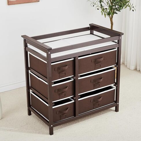 Wooden Diaper Changing Table, Modern Baby Changing Station Dresser with 6 Storage Drawers and Pad,Toddler Changing Diaper Table for Nursery Portable Changing Table for Baby Newborn Infant in Saudi Arabia