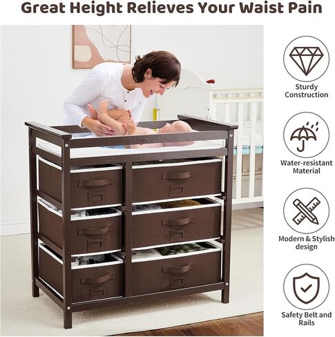 Wooden Diaper Changing Table, Modern Baby Changing Station Dresser with 6 Storage Drawers and Pad,Toddler Changing Diaper Table for Nursery Portable Changing Table for Baby Newborn Infant in Saudi Arabia