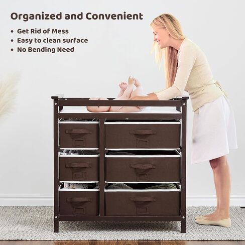 Wooden Diaper Changing Table, Modern Baby Changing Station Dresser with 6 Storage Drawers and Pad,Toddler Changing Diaper Table for Nursery Portable Changing Table for Baby Newborn Infant in Saudi Arabia