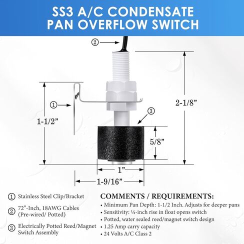 2 Pack SS3 Condensate Overflow Switch, SS3 Condensate Drain Pan Switch, AC Pan Float Switch, Water Leak Detector for Condensate Drain Pans, For Installation on Primary and Auxiliary Drain Pans in Kuwait