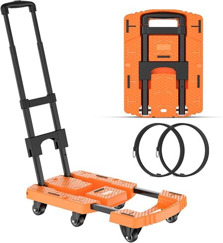 Folding Hand Truck, Pre-Installed 600lbs Heavy Duty Dolly Cart, Portable 6 Wheels Collapsible Luggage Cart with 2 Elastic Ropes for Luggage, Travel, Moving, Shopping, Office Use in Saudi Arabia