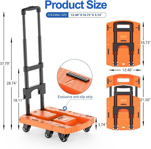 Folding Hand Truck, Pre-Installed 600lbs Heavy Duty Dolly Cart, Portable 6 Wheels Collapsible Luggage Cart with 2 Elastic Ropes for Luggage, Travel, Moving, Shopping, Office Use in Saudi Arabia