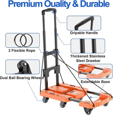 Folding Hand Truck, Pre-Installed 600lbs Heavy Duty Dolly Cart, Portable 6 Wheels Collapsible Luggage Cart with 2 Elastic Ropes for Luggage, Travel, Moving, Shopping, Office Use in Saudi Arabia