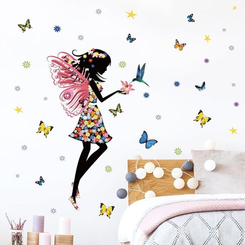 Supzone Butterfly Girl Wall Stickers Flowers Fairy Wall Decal Removable Vinyl Wall Art Stickers for Girls Baby Nursery Kids Bedroom Living Room Bathroom Wall Decor Mural… in Kuwait
