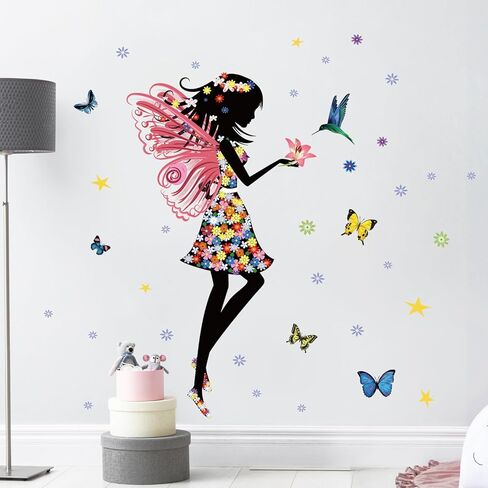 Supzone Butterfly Girl Wall Stickers Flowers Fairy Wall Decal Removable Vinyl Wall Art Stickers for Girls Baby Nursery Kids Bedroom Living Room Bathroom Wall Decor Mural… in Kuwait
