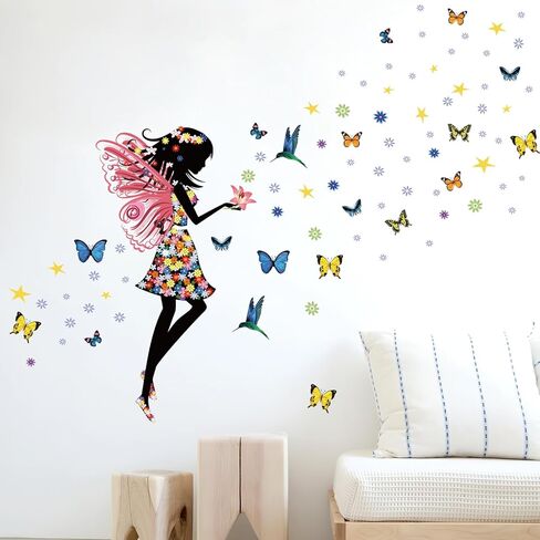 Supzone Butterfly Girl Wall Stickers Flowers Fairy Wall Decal Removable Vinyl Wall Art Stickers for Girls Baby Nursery Kids Bedroom Living Room Bathroom Wall Decor Mural… in Kuwait