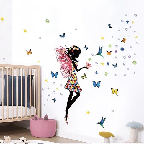Supzone Butterfly Girl Wall Stickers Flowers Fairy Wall Decal Removable Vinyl Wall Art Stickers for Girls Baby Nursery Kids Bedroom Living Room Bathroom Wall Decor Mural… in Kuwait