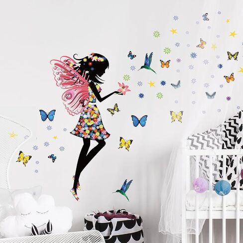 Supzone Butterfly Girl Wall Stickers Flowers Fairy Wall Decal Removable Vinyl Wall Art Stickers for Girls Baby Nursery Kids Bedroom Living Room Bathroom Wall Decor Mural… in Kuwait