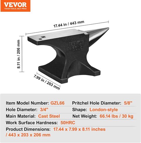VEVOR Single Horn Anvil, 66Lbs Cast Steel Anvil, High Hardness Rugged Round Horn Anvil Blacksmith, with Round and Square Hole, Large Countertop and Stable Base, Metalsmith Tool for Bending and Shaping in Saudi Arabia