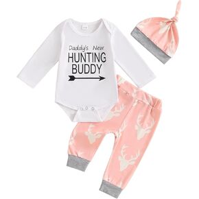 Baby Boy Girl Hunting Outfits Long Sleeve Daddy's Future Hunting Buddy Romper Deer Pants Hat Coming Home Outfit