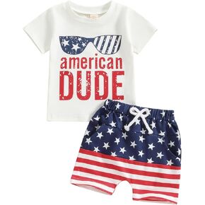 Baby Boy Girl 4th of July Outfits Short Sleeve Letter T-Shirt+Shorts Independence Day Star Stripes 2 Piece Clothes