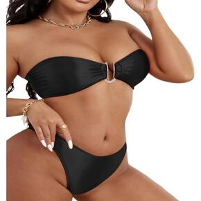 AIBEARTY Women Sexy Off Shoulder Bandeau Two Piece Bikini Set Push Up Metal Ring High Waist Swimwear Bathing Suit