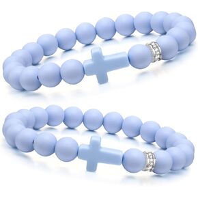 MEALGUET 2 Pcs Silicone Cross Bracelet for Men Women,Comfort Rubber Cross Beaded Silicone Bracelet Set Stretch Jesus Wristband, Faith Religious Christian Catholic Jewelry Gifts